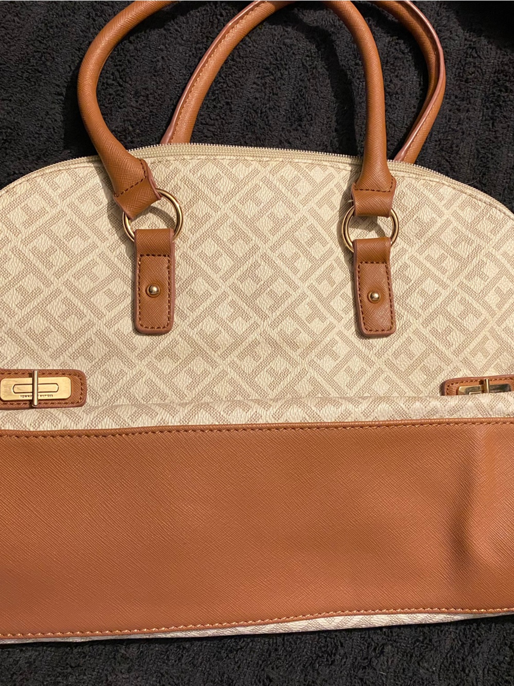 Tommy Hilfiger Cream Tote with Tan Leather Trim and Gold Hardware - Picture 2 of 3